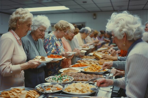 Gruppo di donne anziane in piedi attorno a una fila di buffet