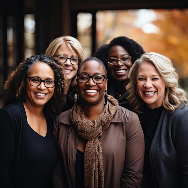 Gruppo di donne con gli occhiali sorridenti in un servizio fotografico