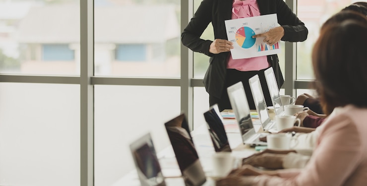 Foto gruppo di donne d'affari che si incontrano in ufficio, leader o manager che tengono grafico e grafico mentre spiegano i dettagli e il significato al pubblico, i colleghi la ascoltano ed esprimono comprensione.