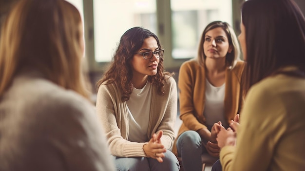 Gruppo di donne Deverse che ascoltano i problemi di una ragazza seduta in cerchio mentre partecipa a un gruppo di supporto o a una sessione di terapia AI generativa