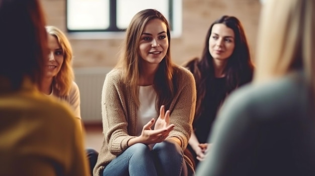 Gruppo di donne Deverse che ascoltano i problemi di una ragazza seduta in cerchio mentre partecipa a un gruppo di supporto o a una sessione di terapia AI generativa