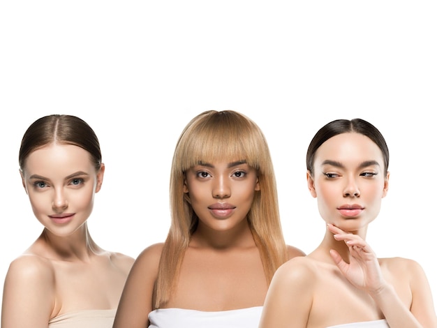 Gruppo di donne di bellezza etnica con diversi tipi di pelle di colore dell'acconciatura di razza bella pelle femminile. Colpo dello studio.