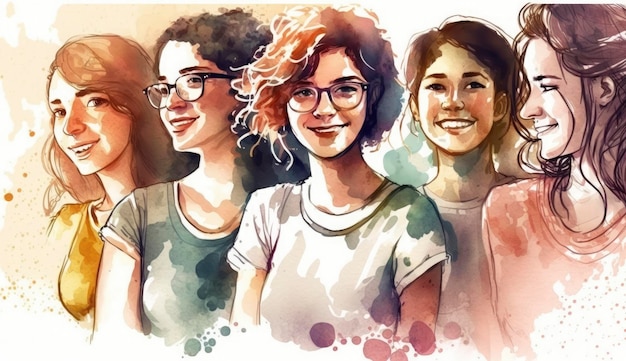 Gruppo di donne felici per l'illustrazione in stile acquerello della bandiera della giornata internazionale della donna di Generative Ai