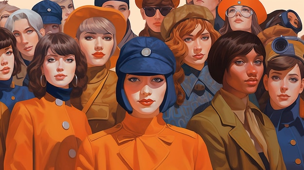 Gruppo di donne in stile poster vintage uniforme arancione e bluGenerativa AI