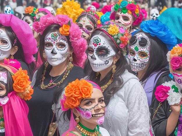 Gruppo di donne irriconoscibili che indossano le tradizionali maschere di zucchero splendidamente realizzate con l'IA generativa