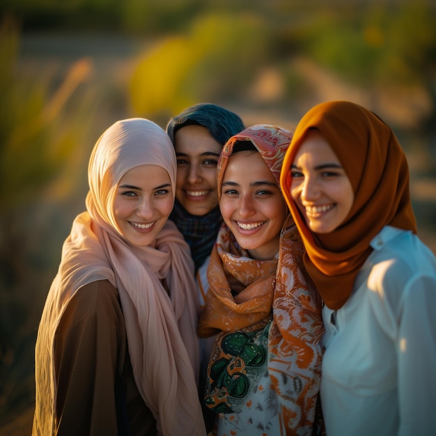 gruppo di donne multietniche sorridono indossando l'hijab all'aperto