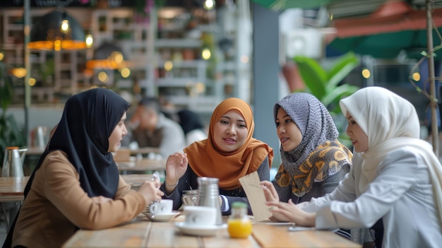 Gruppo di donne musulmane che chiacchierano in un caffè immagine generata dall'AI