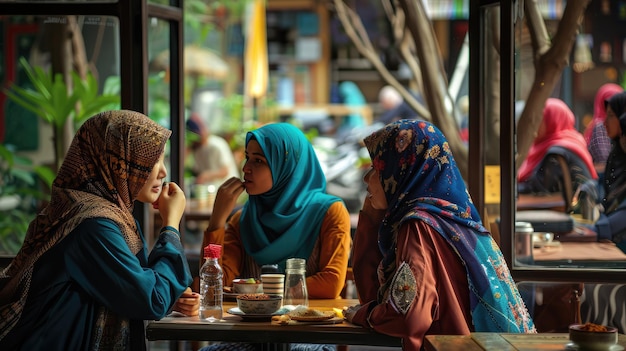 Gruppo di donne musulmane che chiacchierano in un caffè immagine generata dall'AI