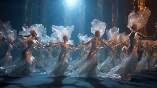 Gruppo di donne vestite di bianco che ballano all'unisono con grazia ed eleganza
