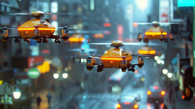 Gruppo di droni di consegna gialli brillanti che sorvolano il cielo sopra una città vivace sotto il