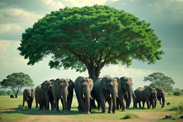 Gruppo di elefanti sotto il grande albero verde nel deserto