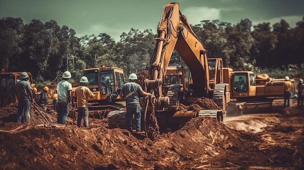 Gruppo di escavatori che lavorano in un cantiere edile