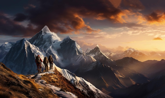 Gruppo di escursionisti che camminano su una montagna al tramontobelle montagne con concetto di sport attivo sulla neve