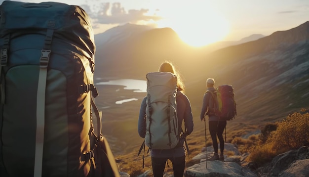 Gruppo di escursionisti con grandi zaini cammina in montagna al tramonto IA generativa