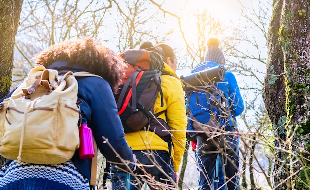 Gruppo di escursionisti con zaini passeggiate in montagna