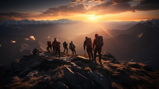 Gruppo di escursionisti in cima a una montagna al tramonto Il concetto di vita attiva e sana