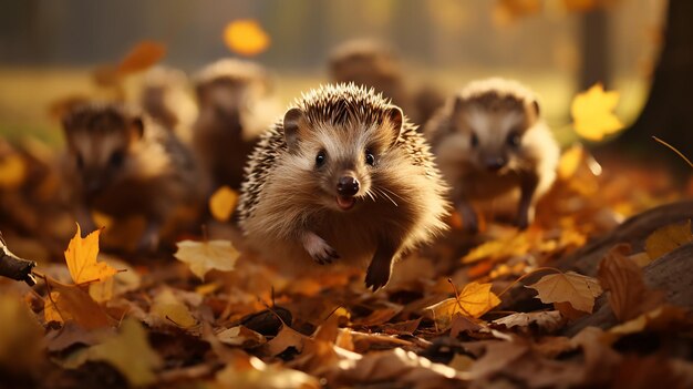 gruppo di famiglie di ricci che posano in autunno nella comunità forestale collettiva della fauna selvatica caduta delle foglie in ottobre