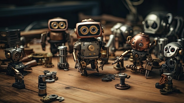 Gruppo di figurine di robot sedute su un tavolo di legno
