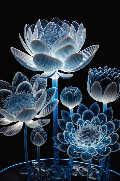 Gruppo di fiori blu che si siedono sopra una tabella ai generativa