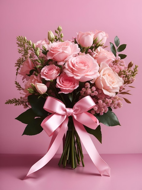 Gruppo di fiori di colore rosa e bianco in stile bouquet con nastro rosa