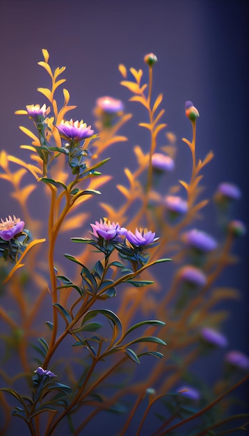 Gruppo di fiori porpora che si siedono sopra una pianta verde ai generativa