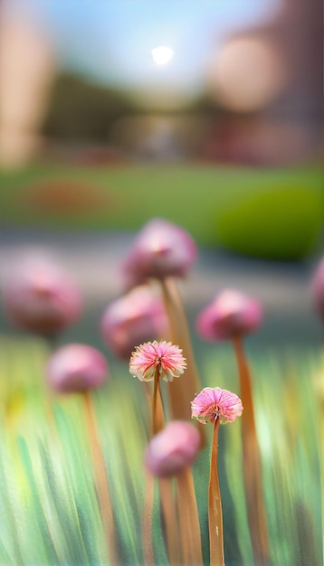 Gruppo di fiori rosa che si siedono sopra un campo verde lussureggiante ai generativo