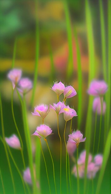 Gruppo di fiori rosa che si siedono sopra un campo verde lussureggiante ai generativo