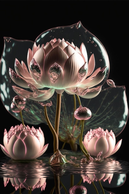 Gruppo di fiori rosa che si siedono sopra uno specchio d'acqua generativo ai