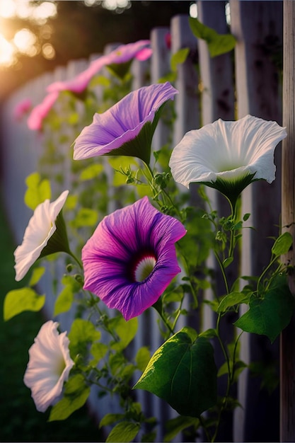 Gruppo di fiori viola e bianchi accanto a un recinto di legno ai generativo