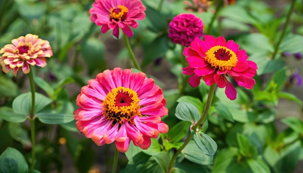 Gruppo di fiori Zinnia nel giardino