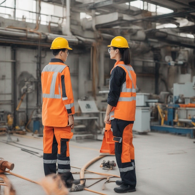 Gruppo di foto di persone che lavorano in squadra, ingegneri lavoratori, mescolano la razza nell'industria pesante, in piedi confidentselectiv