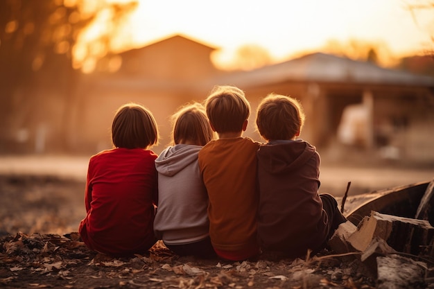 Gruppo di foto gratis di amici di bambini che si abbracciano seduti insieme