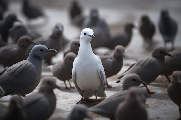Gruppo di gabbiani sulla spiaggia fuoco selettivo In piedi fuori dalla folla un uccello bianco che si distingue dagli altri AI Generato