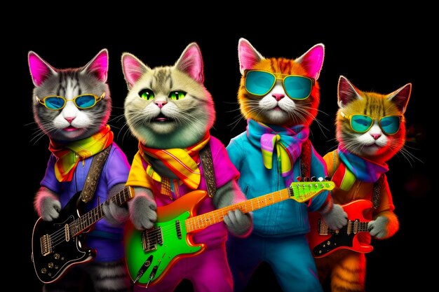 Gruppo di gatti che indossano abiti colorati e tengono la chitarra e indossano occhiali da sole IA generativa