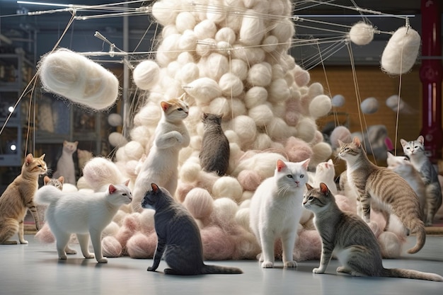 Gruppo di gatti che saltano di migliaia di gomitoli di filato all'interno dell'illustrazione di laboratorio ad alta tecnologia ai generativa