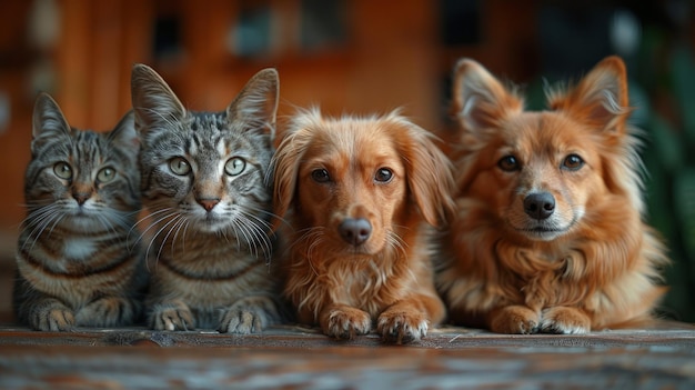 Gruppo di gatti e cani seduti insieme