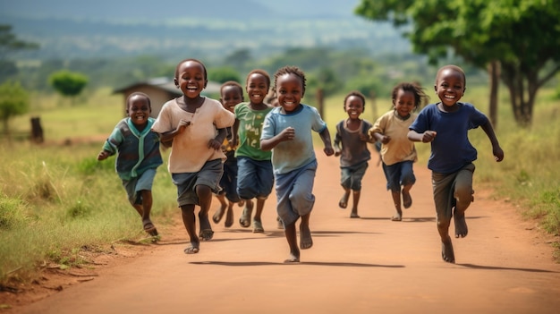 Gruppo di gioiosi bambini africani in corsa