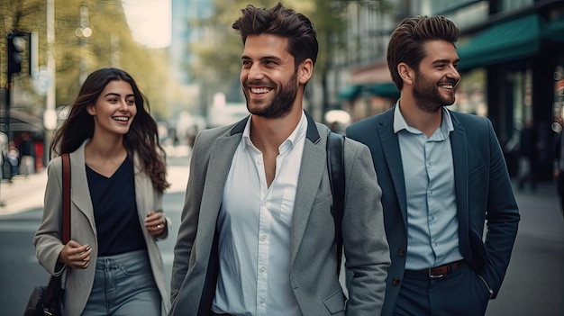 Gruppo di giovani che camminano per strada con un sorriso perfetto Emozione positiva Stile di vita