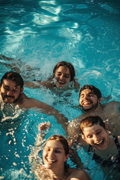 Gruppo di giovani che nuotano nella piscina di un hotel durante le vacanze estive