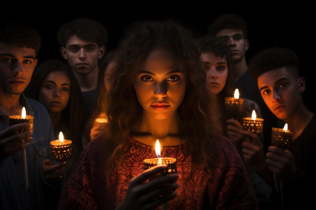 Gruppo di giovani con candele accese nella stanza buia Bellezza ambulante in stile speranza Genera Ai