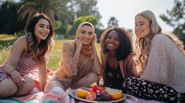 Gruppo di giovani donne amiche di diverse etnie che si godono un picnic al sole nel parco