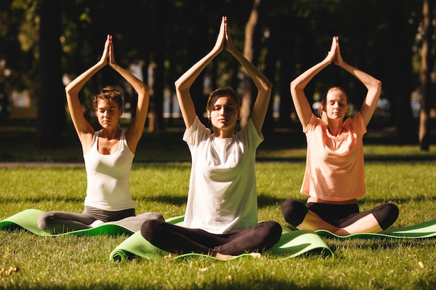 Gruppo di giovani donne che praticano yoga, meditazione mattutina nella natura al parco.