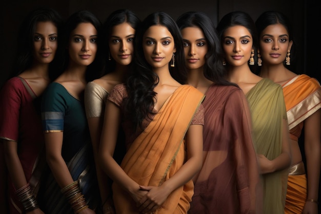 Gruppo di giovani donne indiane in sari tradizionale e in piedi insieme