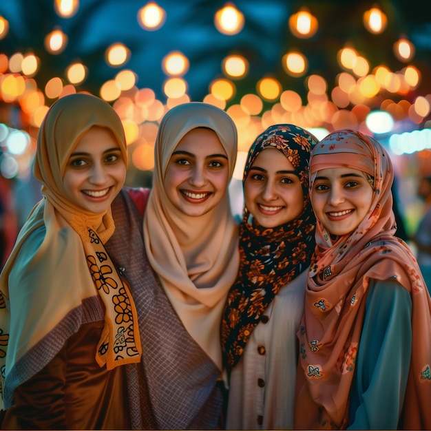 Gruppo di giovani donne musulmane che indossano l'Hijab la sera