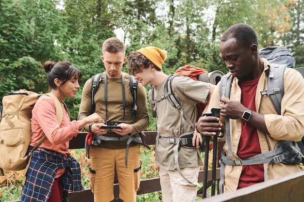 Gruppo di giovani escursionisti con zaino in spalla che utilizzano il gps al telefono mentre discutono del percorso sul ponte della foresta