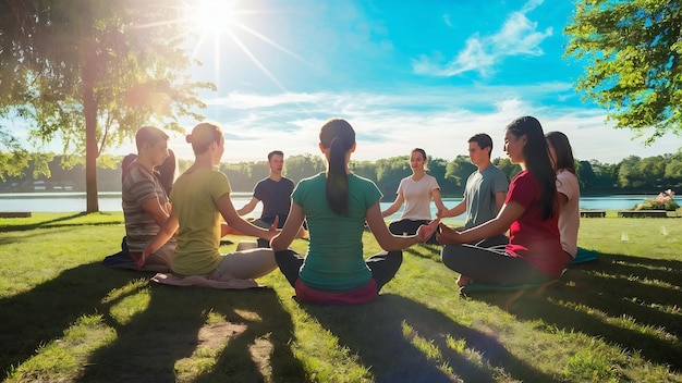 Gruppo di giovani seduti in sukhasana