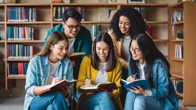 Gruppo di giovani studenti multinazionali che studiano gioiosamente con un libro e prendono appunti insieme