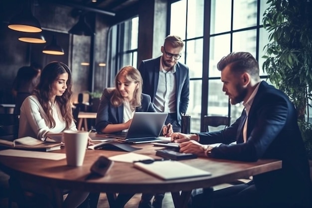 Gruppo di giovani uomini d'affari che discutono di affari mentre lavorano insieme in ufficio IA generativa