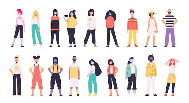 gruppo di giovani uomini e donne che posano in abiti casuali personaggi di cartoni animati femminili in piedi insieme a tutta lunghezza orizzontale