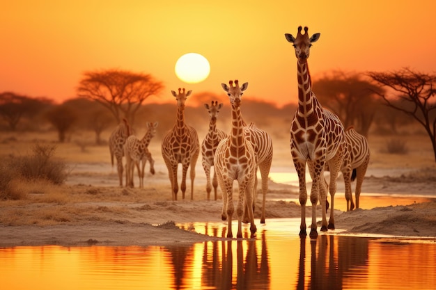 Gruppo di giraffe al tramonto nel Parco Nazionale di Etosha, in Namibia Una mandria di giraffe e zebre nel Parco nazionale di Etosha in Namibia crea una scena pittoresca Generata dall'IA